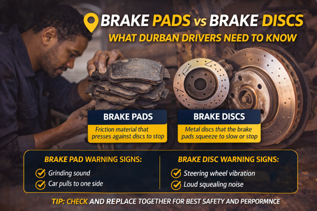 Mechanic inspecting brake pads and brake discs in Durban