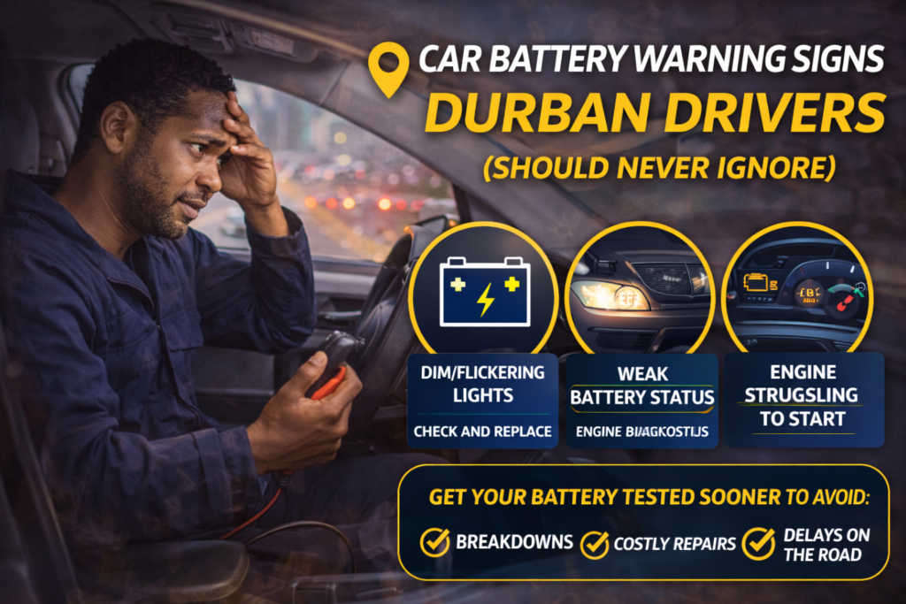 Mechanic checking weak car battery in Durban